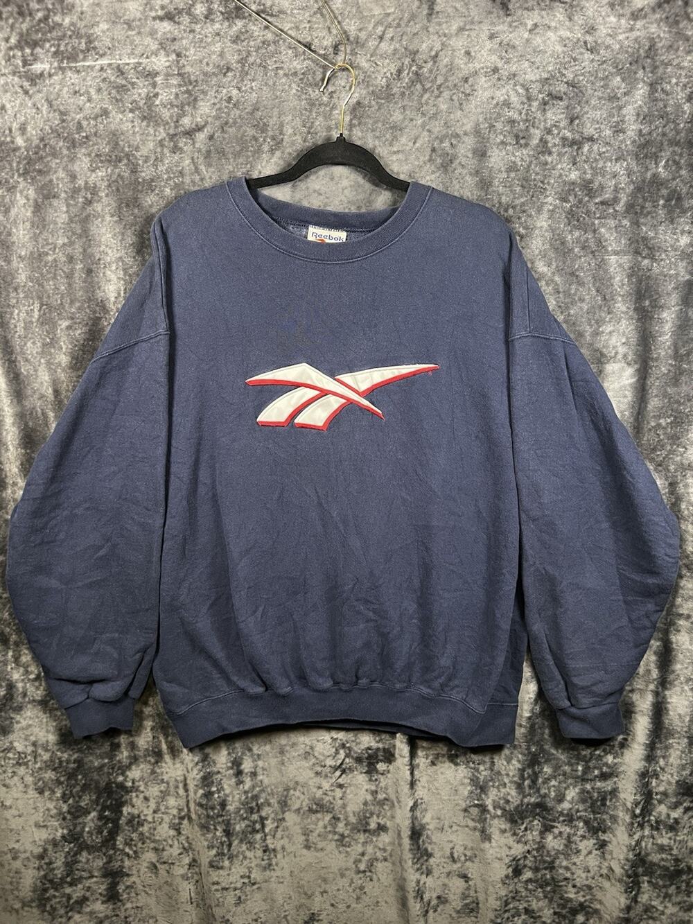 Vintage Reebok Large Crewneck Sweatshirt Embroidered Vector Logo Navy 90s